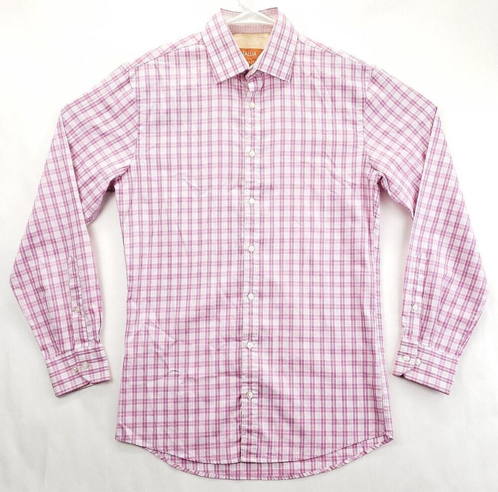 Tallia Dress Shirt Mens 14.5 32/33 Pink White Check Flip Cuffs Slim Fit Formal